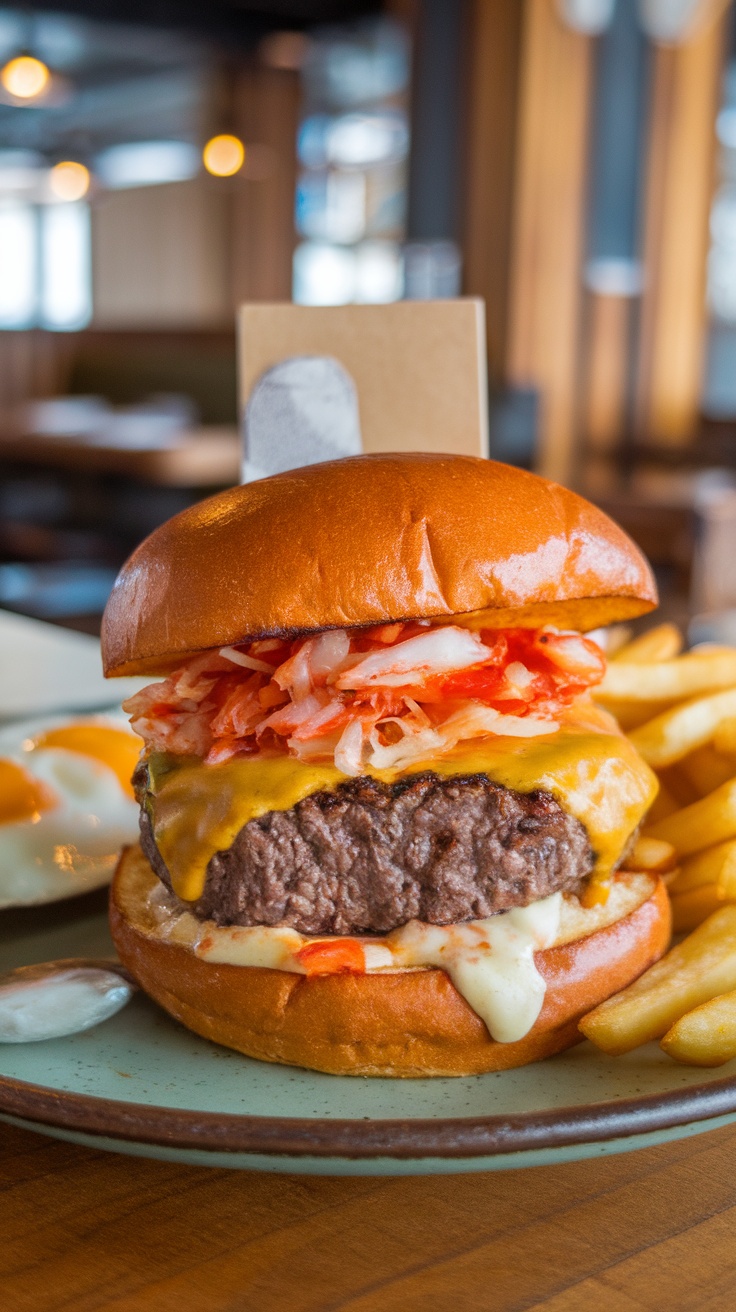 A delicious spicy kimchi burger with cheese and kimchi topping, served with fries.