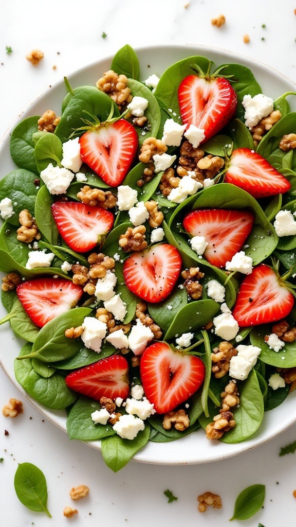 A colorful spinach salad topped with sliced strawberries, crumbled feta cheese, and walnuts on a white plate.