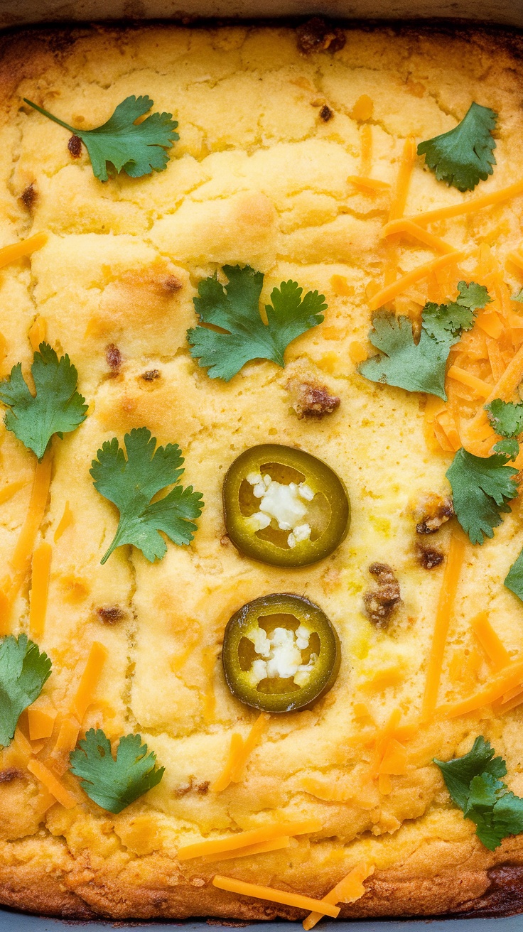 A close-up of a cornbread casserole topped with cheese, jalapeños, and cilantro.