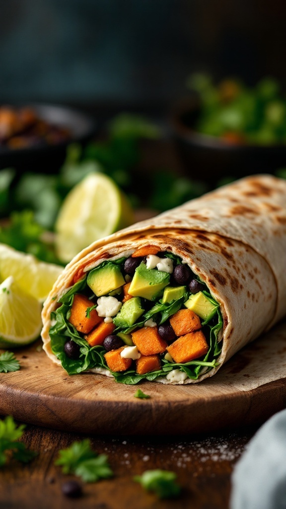 A close-up of a sweet potato and black bean burrito with fresh ingredients.