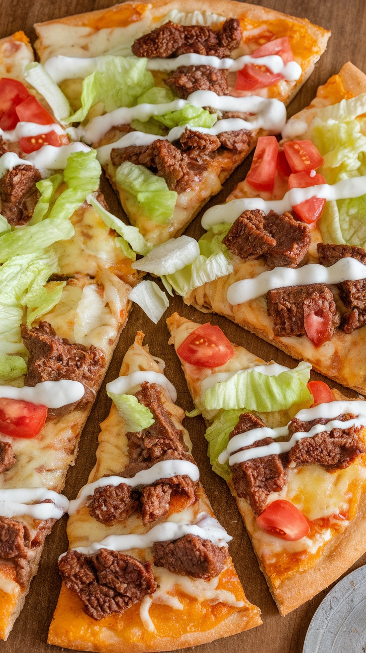 Delicious slices of taco pizza with lettuce, tomatoes, and sauce