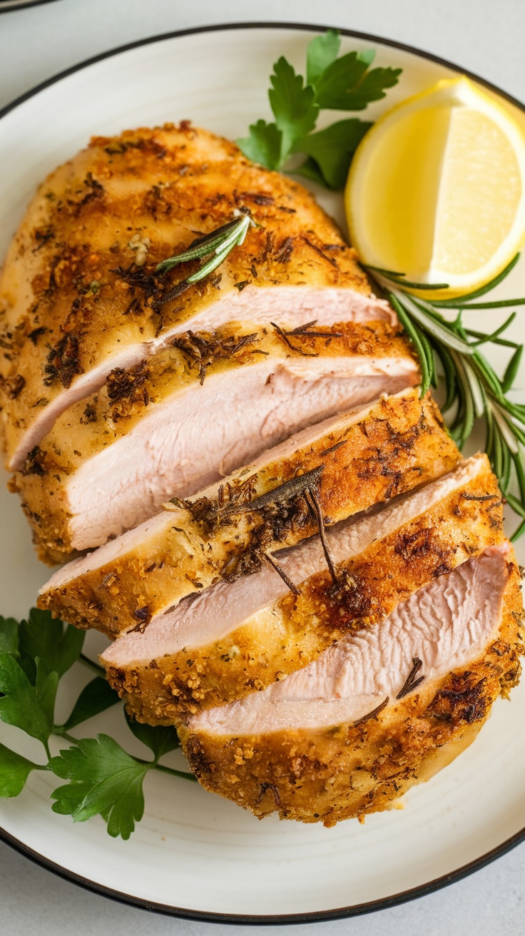 Sliced tender air fryer chicken breast with herbs and lemon