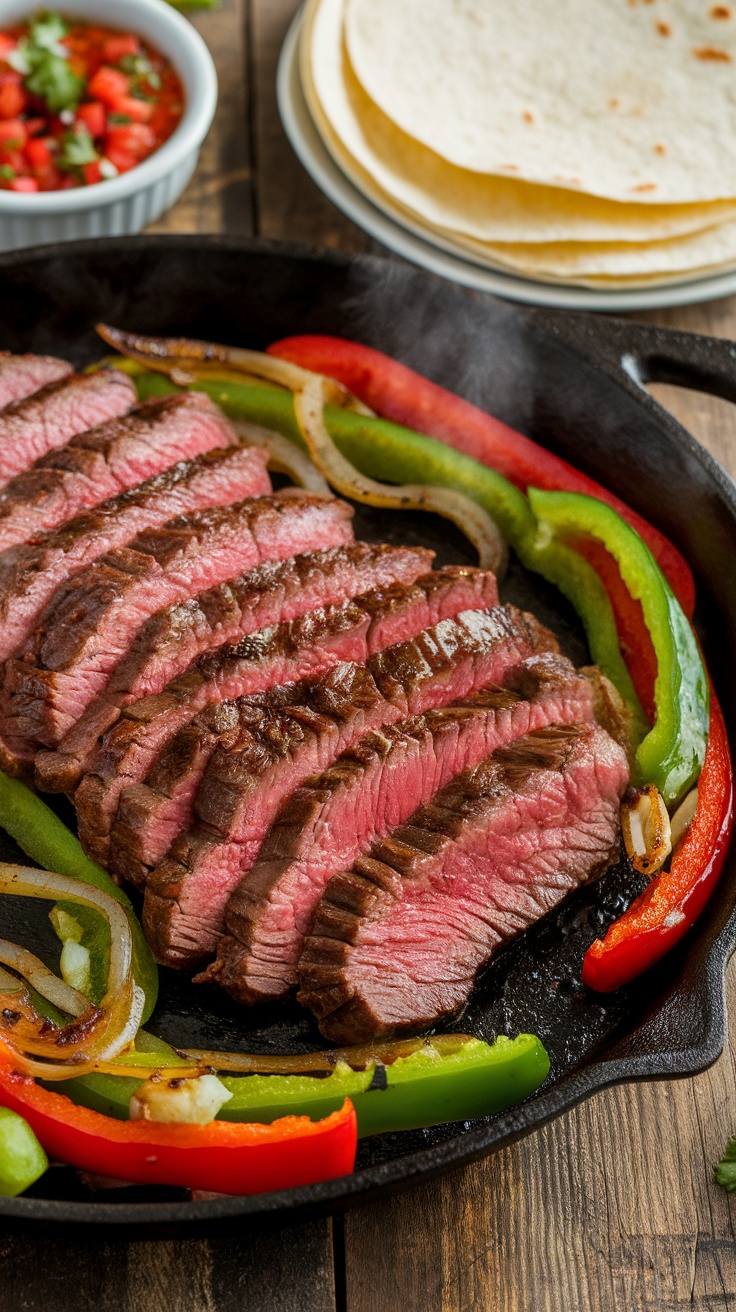 Tender flank steak fajitas with grilled vegetables and tortillas