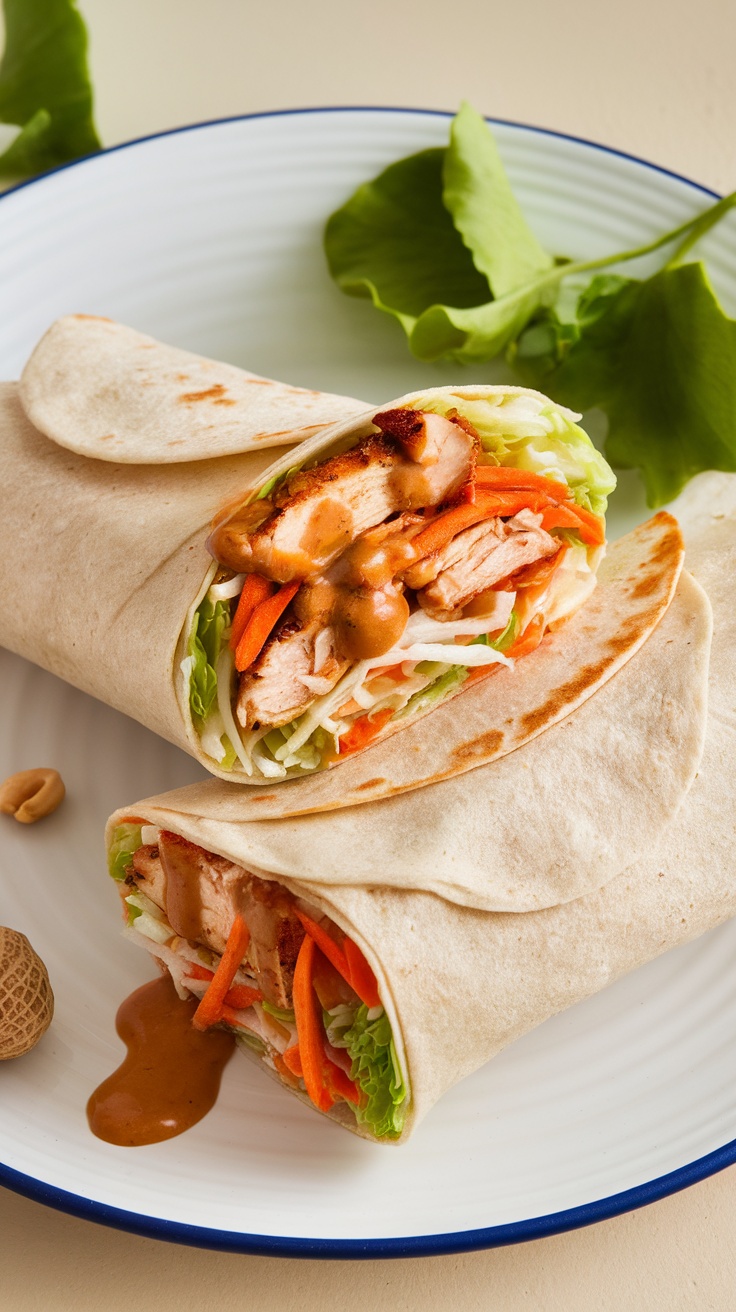 A delicious Thai chicken wrap with lettuce, carrots, and peanut sauce on a plate.