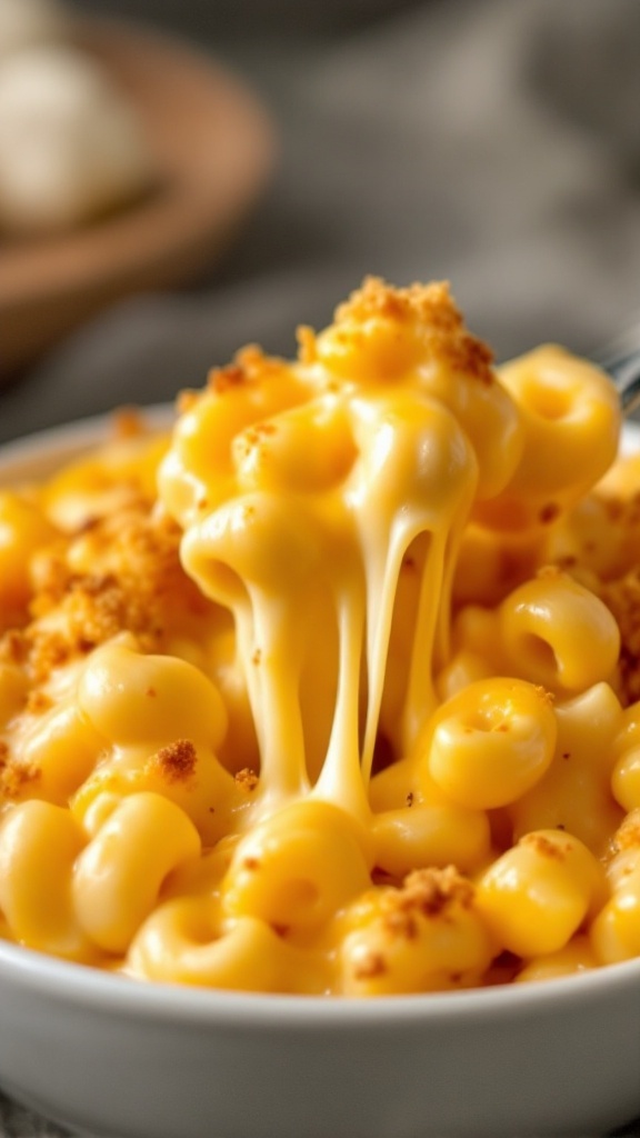 A close-up of creamy macaroni and cheese topped with breadcrumbs.