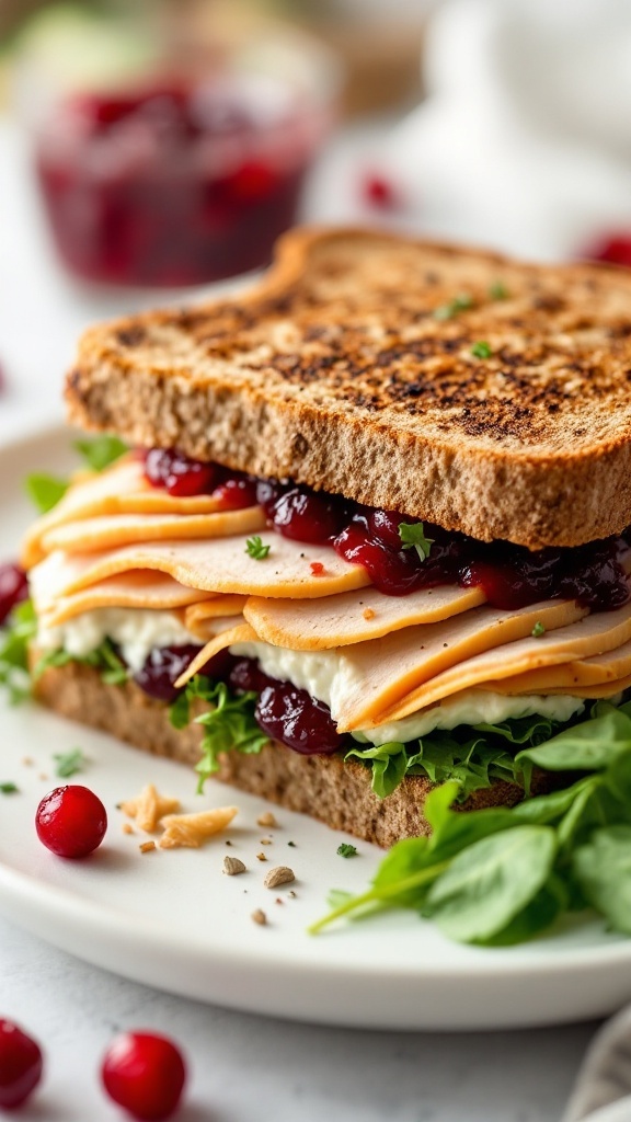 A delicious turkey cranberry sandwich with layers of turkey, cranberry sauce, and lettuce on toasted bread.