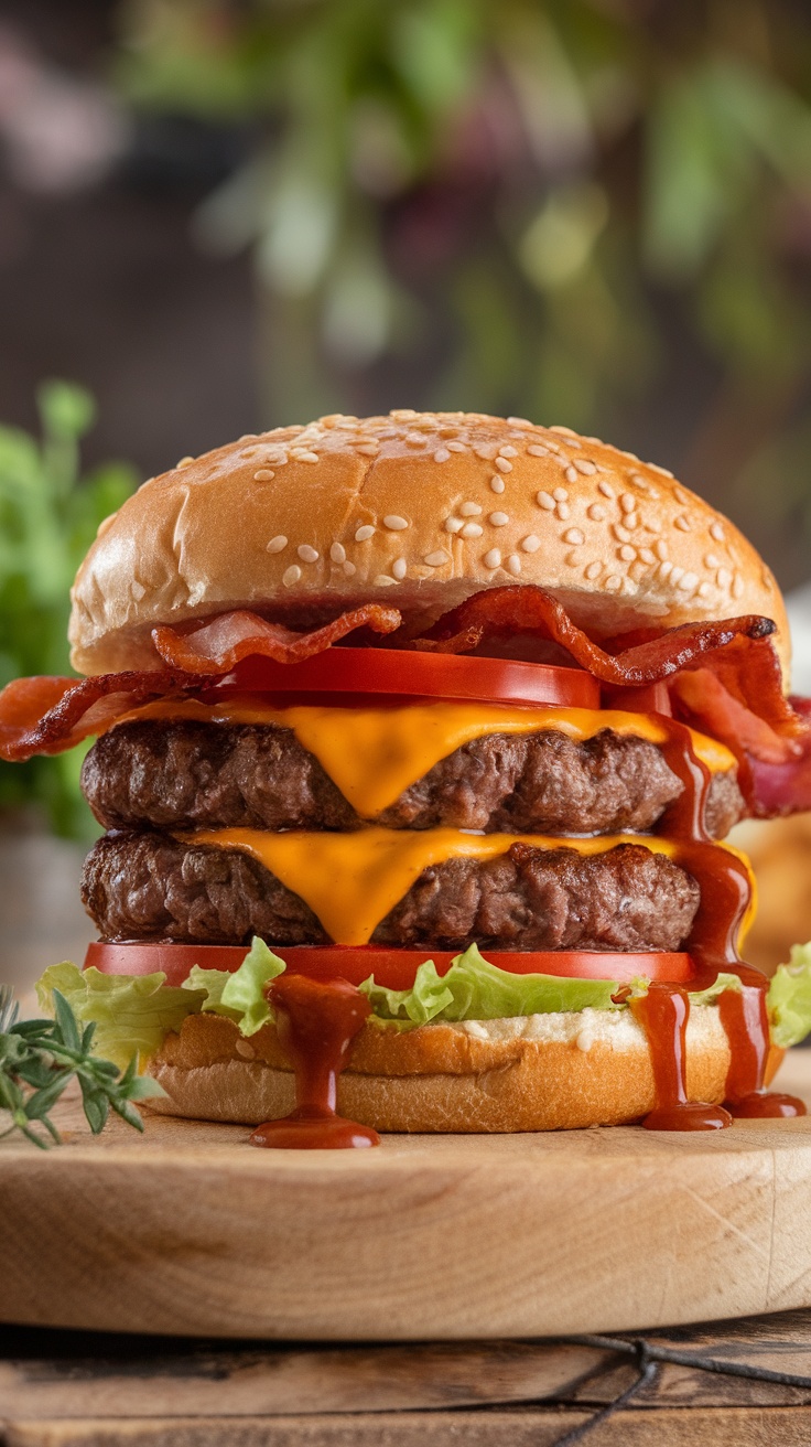 Close-up of an Ultimate Bacon Cheeseburger with two patties, bacon, cheese, lettuce, and tomato.