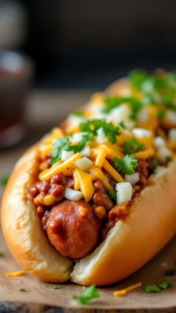 A close-up of a chili cheese dog topped with cheese, onions, and cilantro.