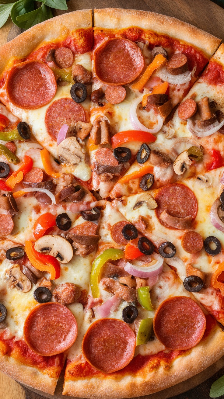 A close-up image of a Supreme Pizza topped with various meats, vegetables, and cheese.