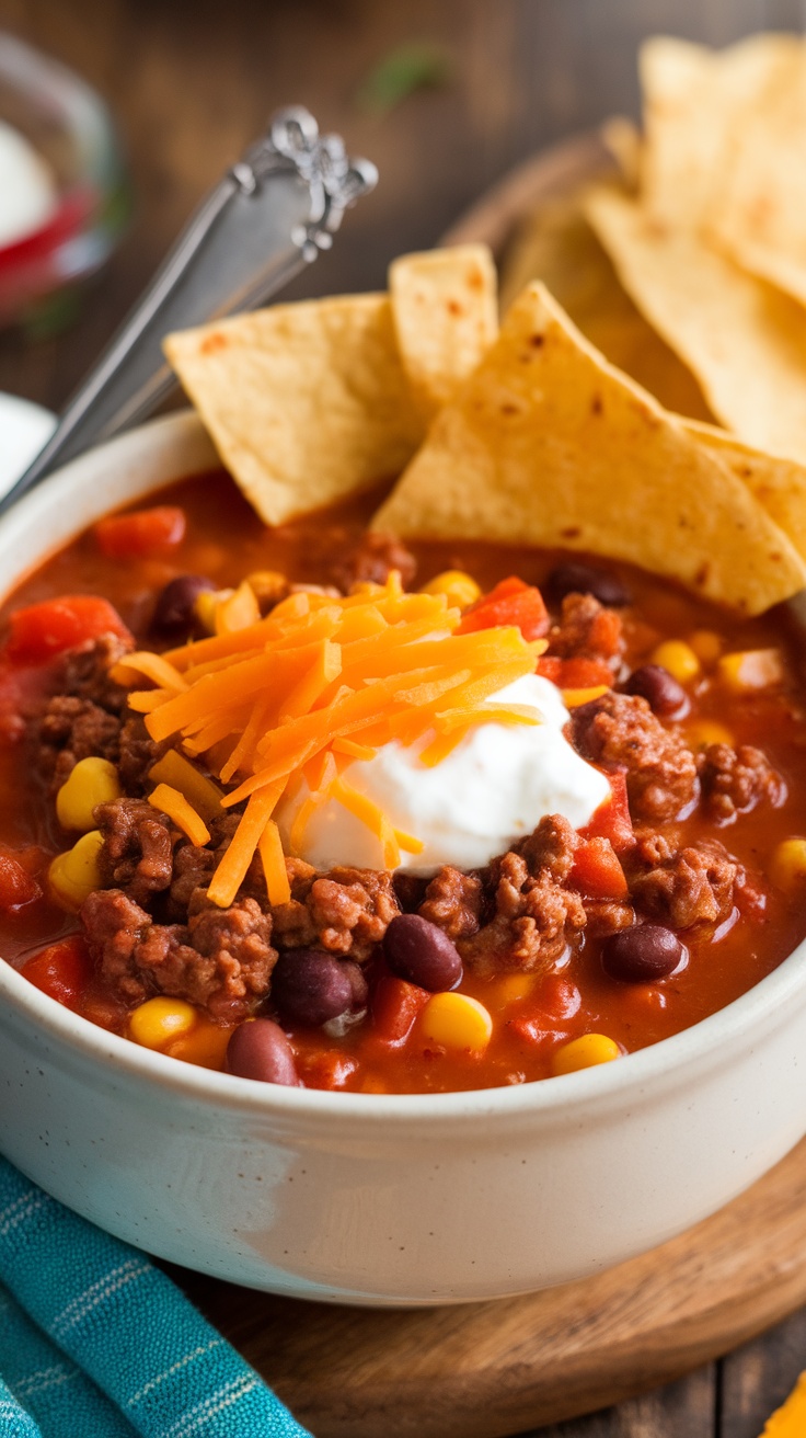 A bowl of taco soup topped with cheese, sour cream, and tortilla chips.