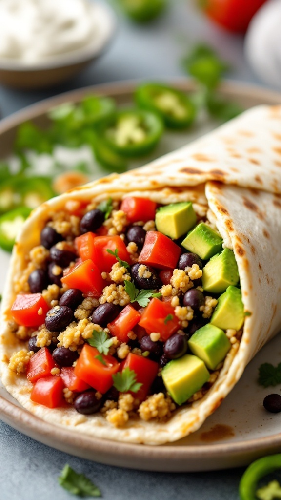 A delicious Vegan Black Bean Burrito on a plate with fresh ingredients.