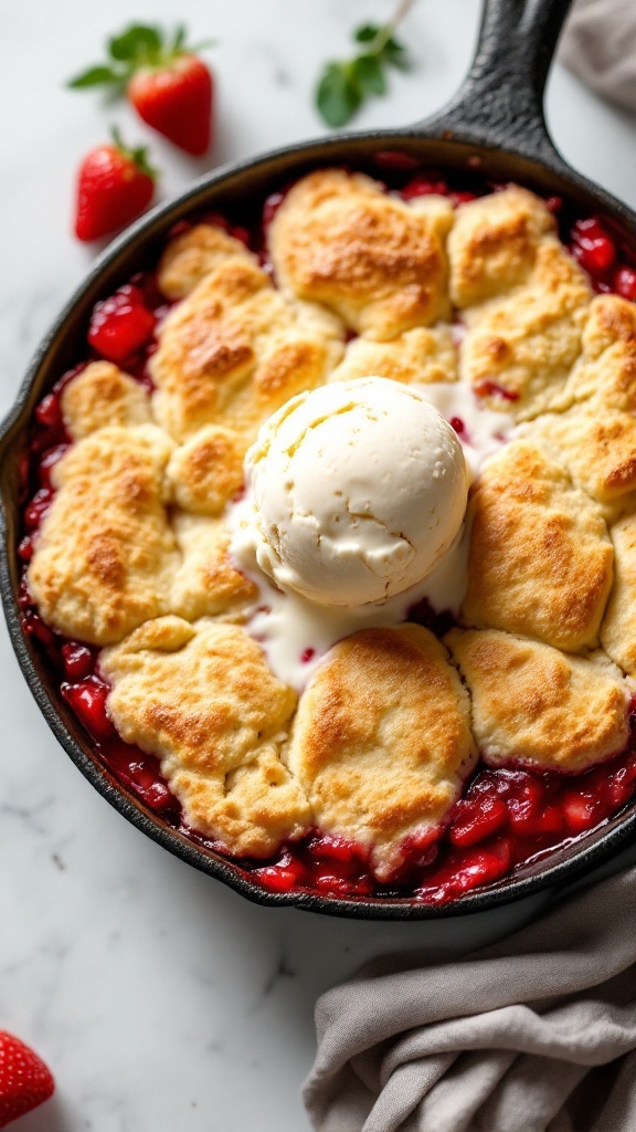 A warm strawberry cobbler topped with ice cream in a cast-iron skillet.