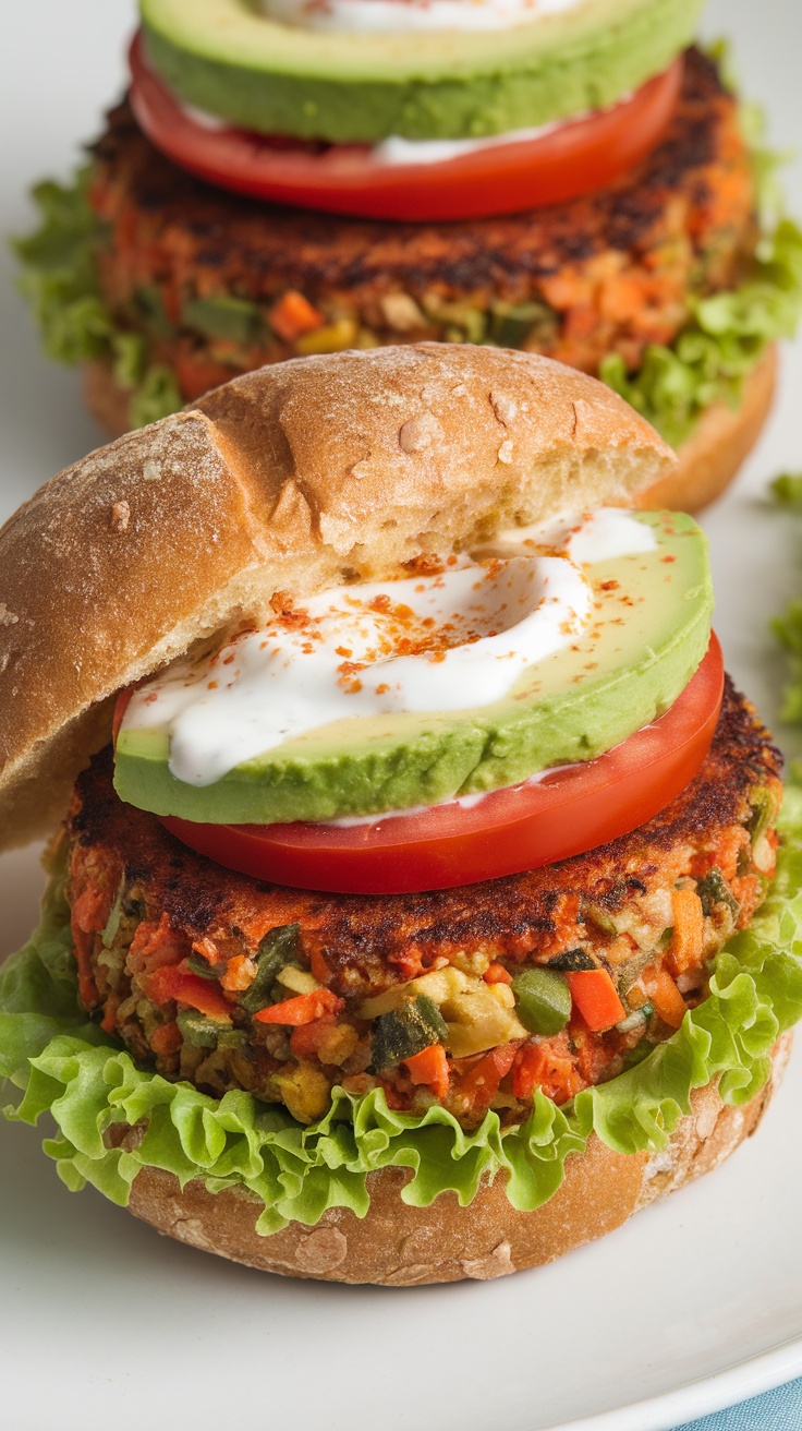 A close-up of a delicious veggie burger with lettuce, tomato, avocado, and a creamy sauce