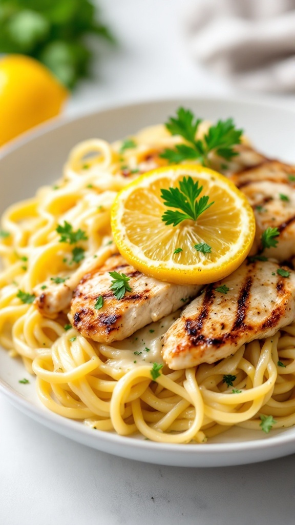 A plate of Zesty Lemon Garlic Chicken Pasta with grilled chicken, lemon slices, and parsley.