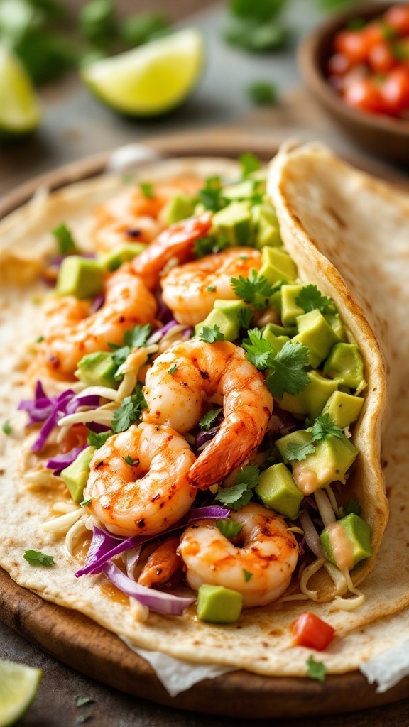 A delicious shrimp burrito filled with shrimp, avocado, and cabbage on a tortilla.