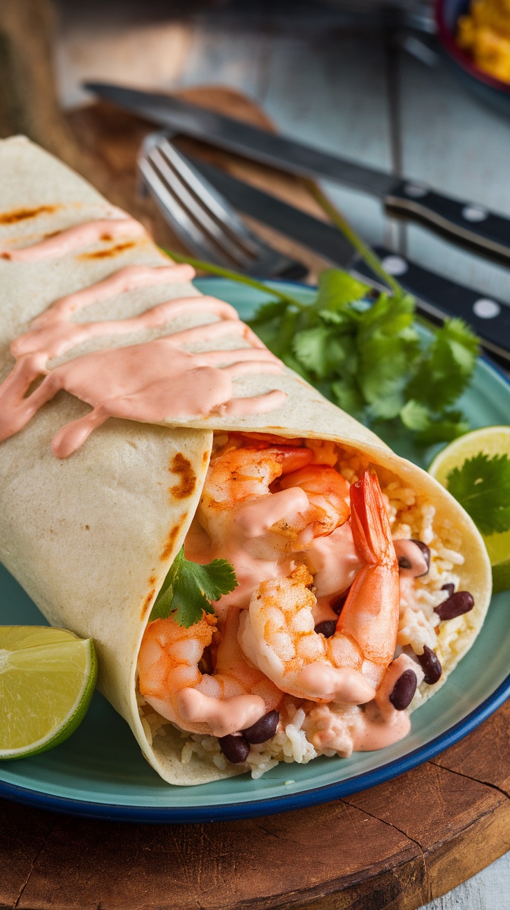 Zesty shrimp burrito with creamy sauce, garnished with cilantro and lime.