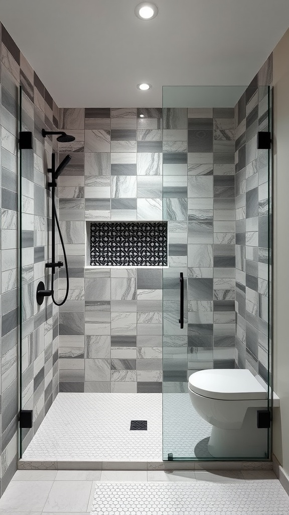 Walk-in shower with a stylish accent wall featuring a mix of gray tiles and a black decorative tile