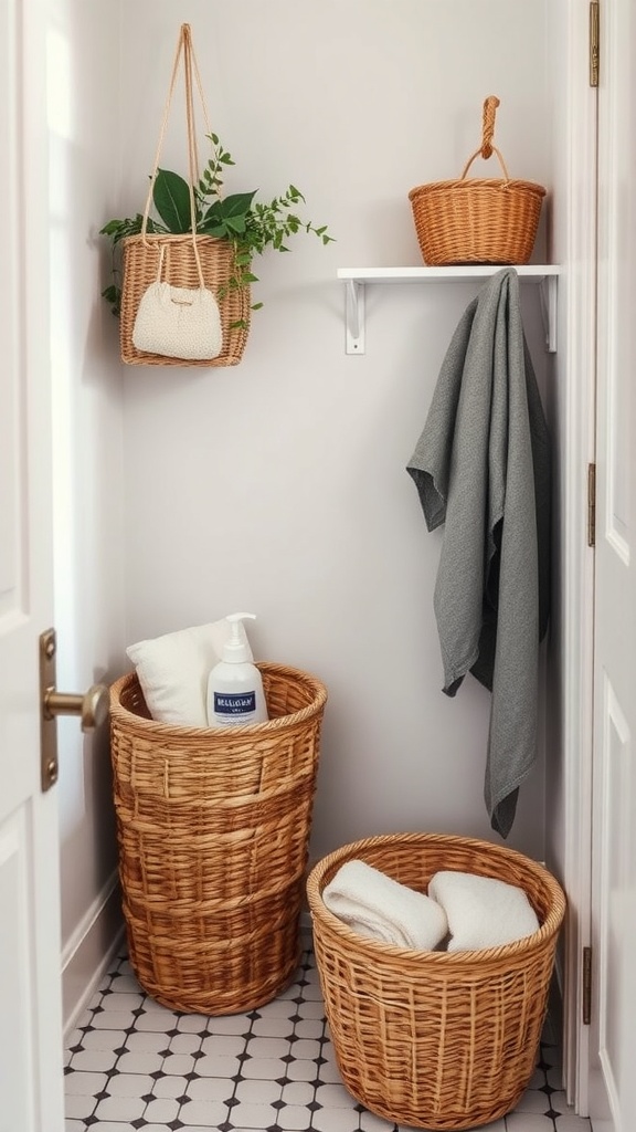 Woven baskets for storage in a small bathroom