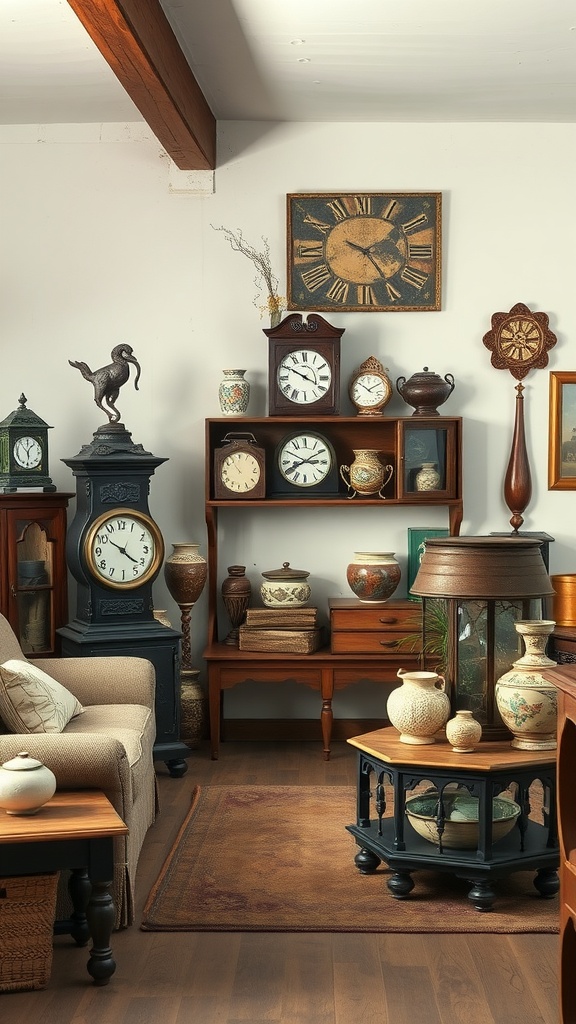 Rustic living room with antique accessories including clocks, pottery, and sculptures.