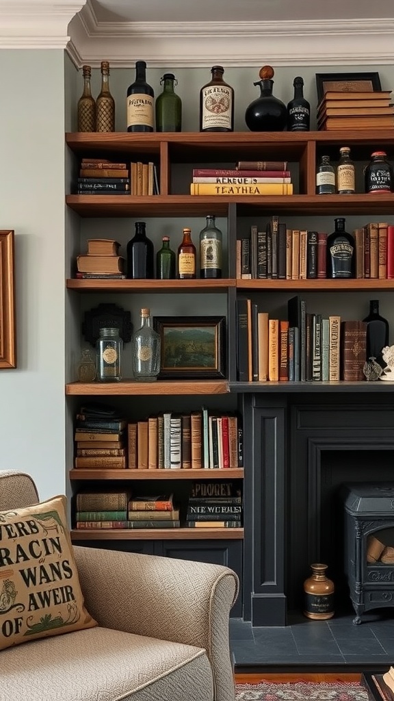A cozy and moody interior featuring antique curiosities on shelves, including vintage bottles and old books.