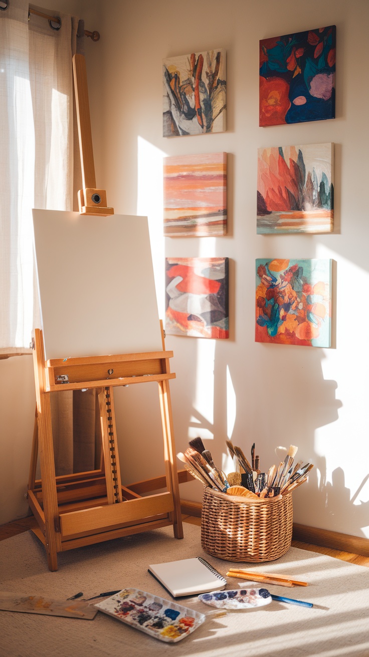 A cozy art corner featuring an easel, art supplies, and colorful paintings on the wall.