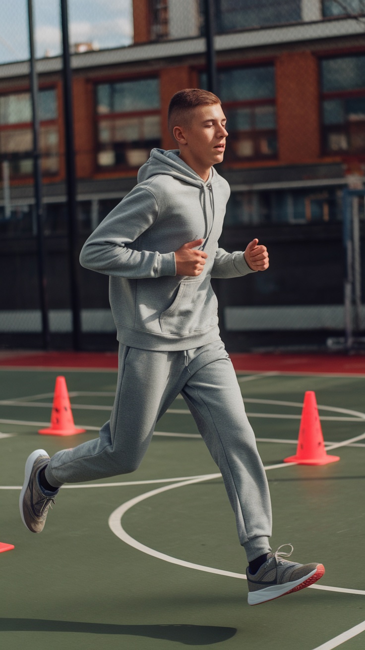 Teenage guy running in joggers and sneakers on a sports court.