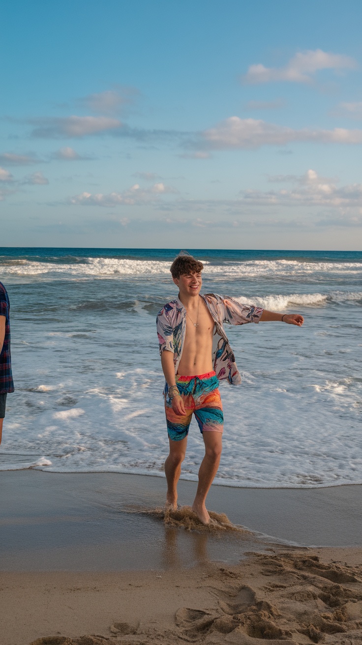 Teenage guy wearing colorful swim trunks and a printed shirt at the beach