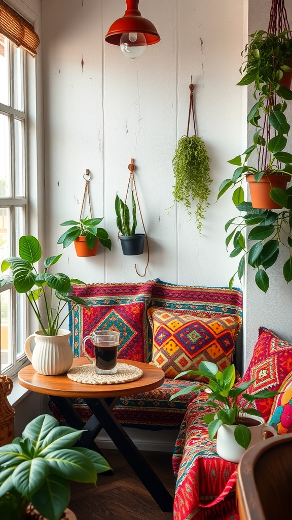 A cozy boho-inspired coffee nook with colorful patterned cushions, plants, and a coffee setup.