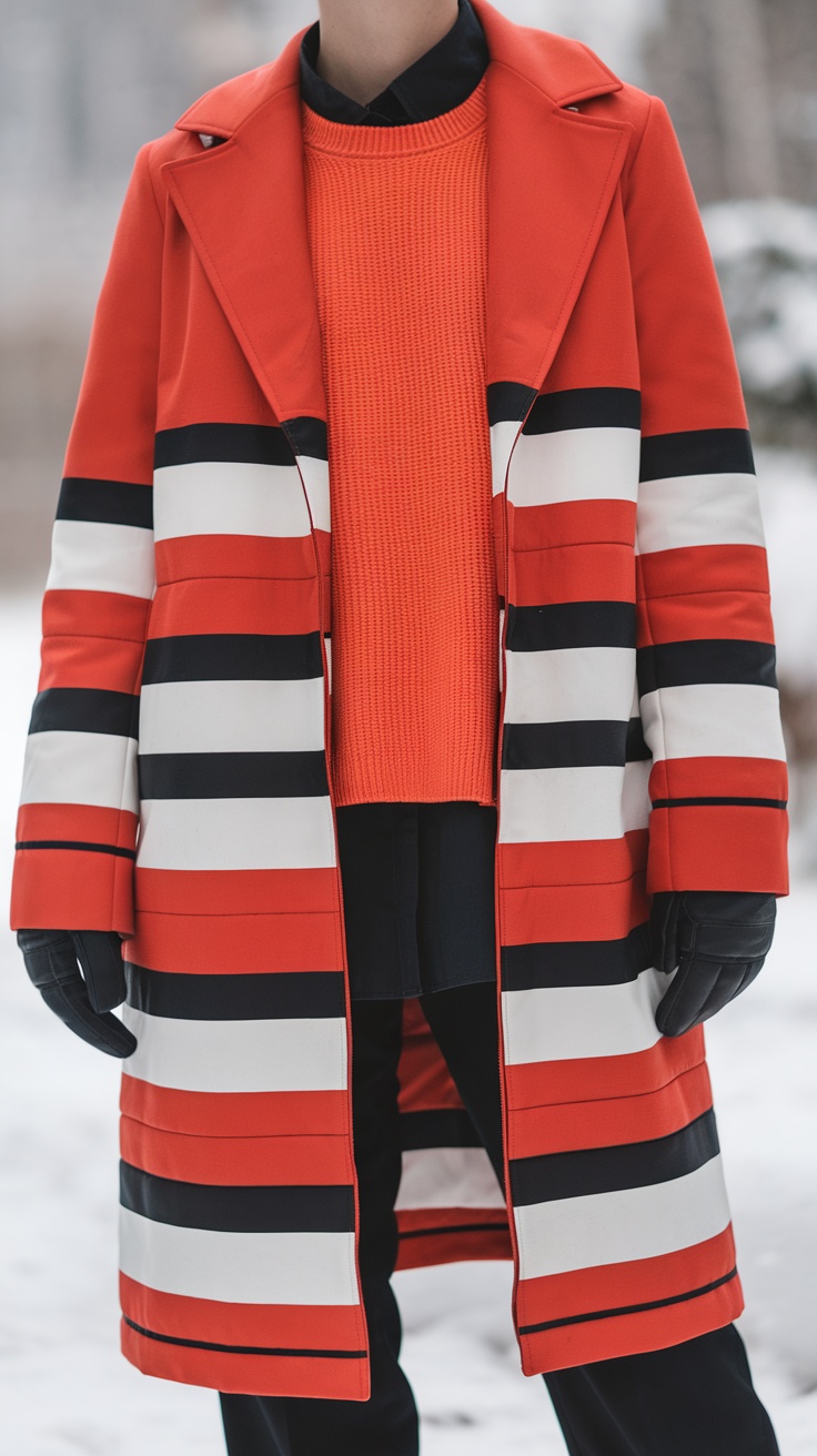 Men's winter outfit featuring a bold striped coat and orange sweater.