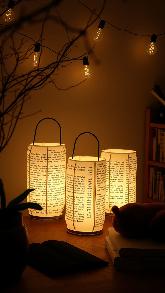 Three book page lanterns glowing softly on a table with a cozy background