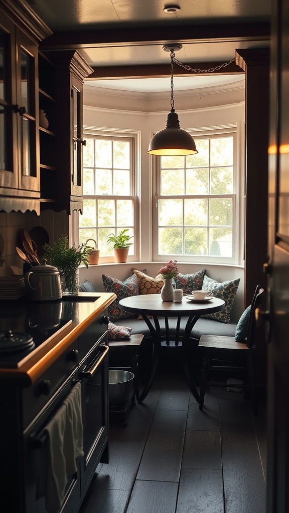 A cozy kitchen with dark wood cabinets, a small round table, and a window nook filled with plants and cushions.
