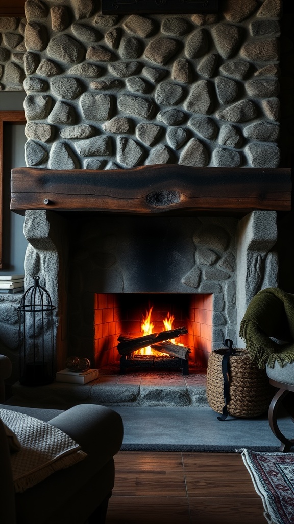 A rustic stone fireplace with a wooden mantel, glowing fire, and cozy decor.
