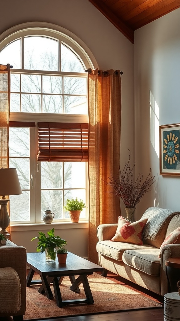 Cozy rustic living room with large windows adorned with warm, earthy-toned curtains and wooden blinds