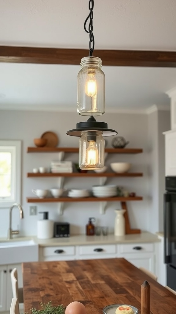 Two mason jar pendant lights hanging from a black fixture in a kitchen setting.