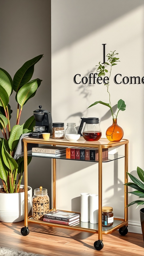 A stylish coffee bar cart with coffee maker, jars, and plants