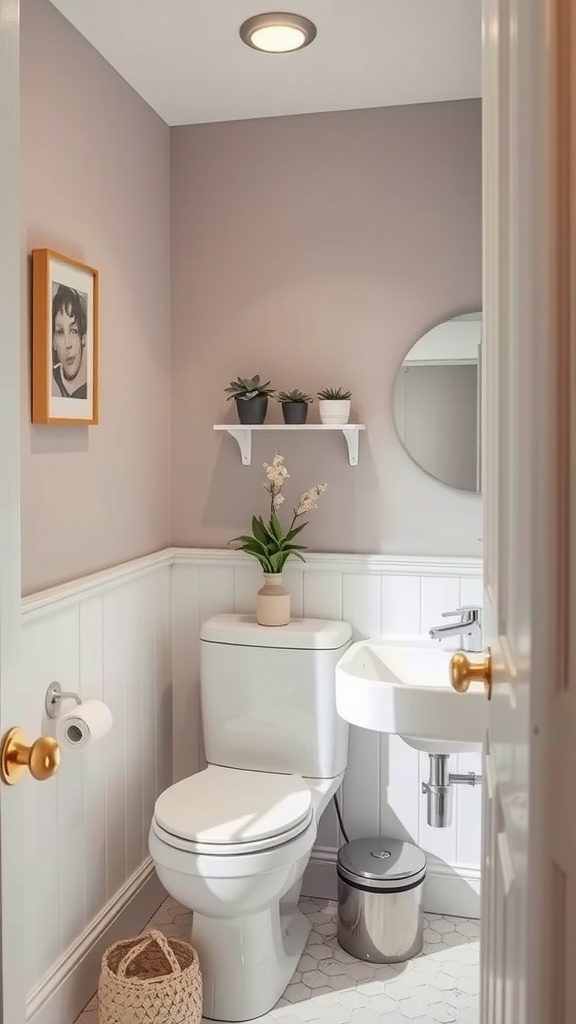A small bathroom with neutral tones, a round mirror, and plants on a shelf.