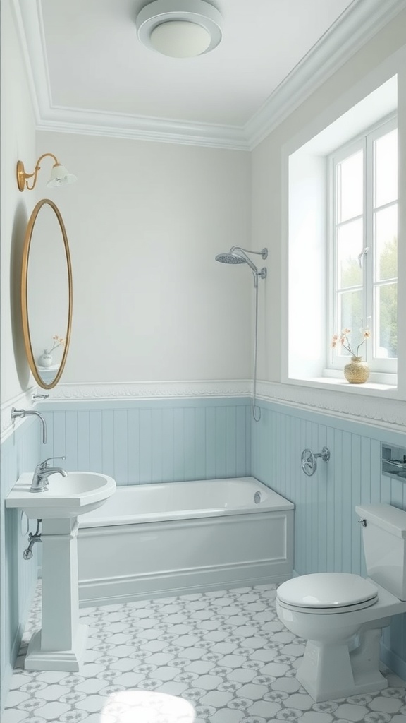 A light-colored bathroom featuring pale blue walls and white fixtures.