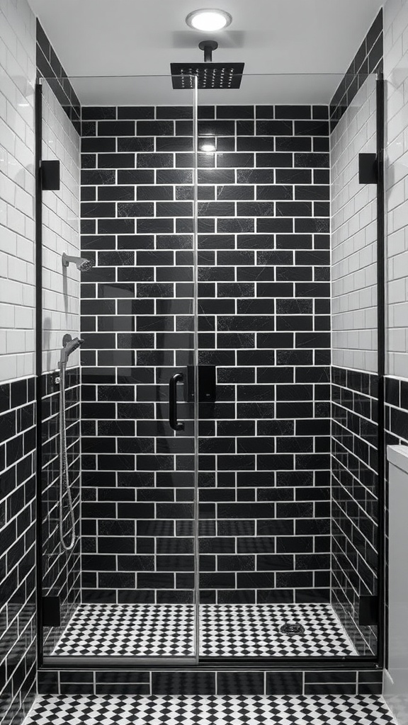 Classic black and white walk-in shower with tiled walls and patterned floor.