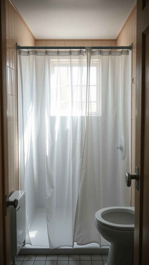A bathroom with a clear shower curtain allowing light to come through.