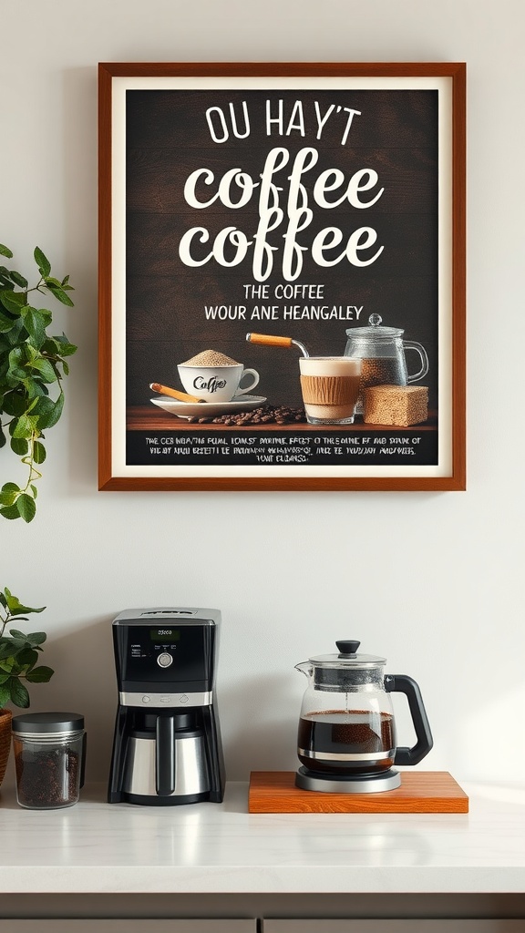 Framed coffee-themed artwork above a coffee station with brewing equipment.