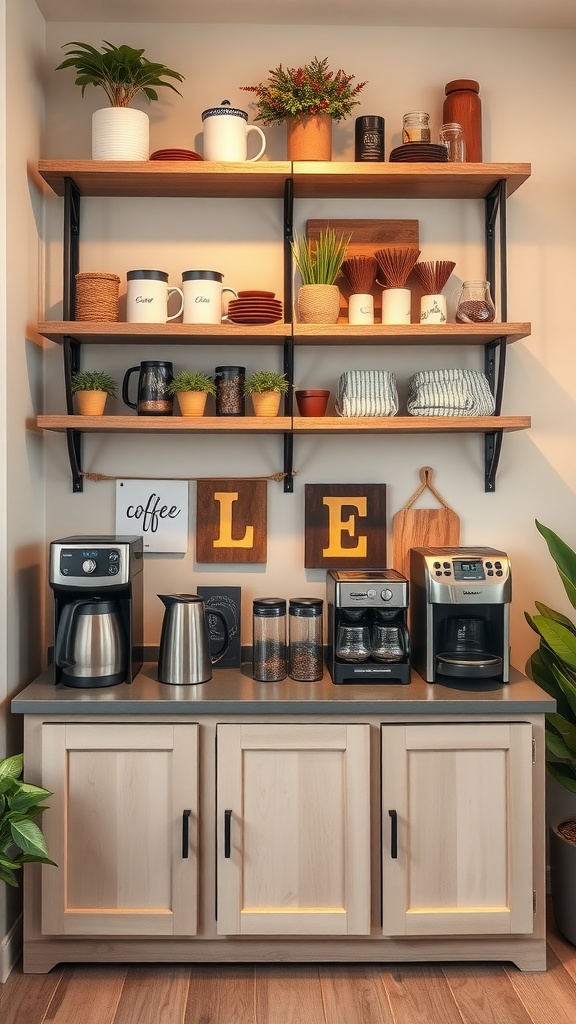 A cozy coffee station with open shelving displaying plants and coffee mugs.