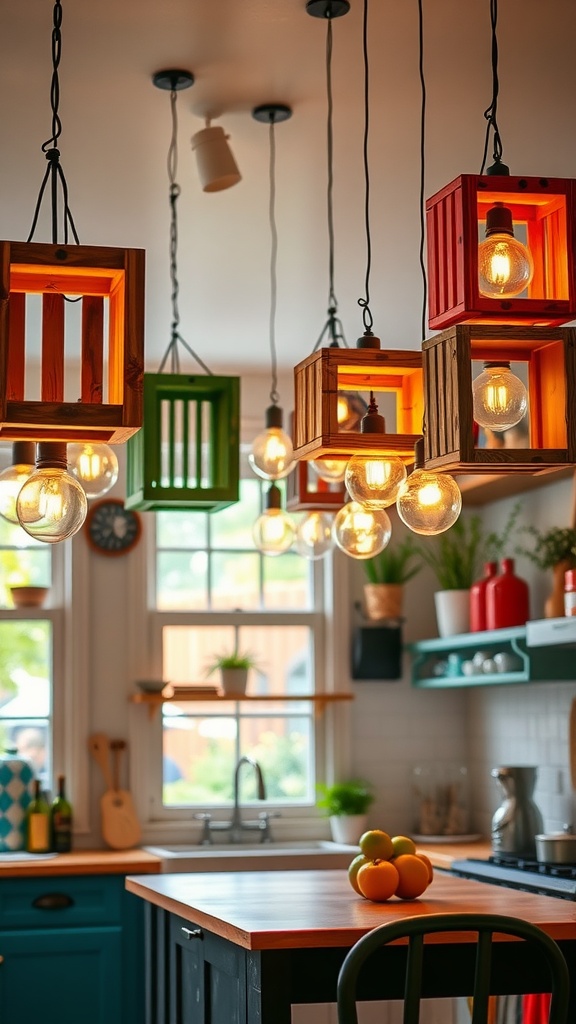 Colorful crate pendant lights hanging in a kitchen, illuminating the space with unique design and style.