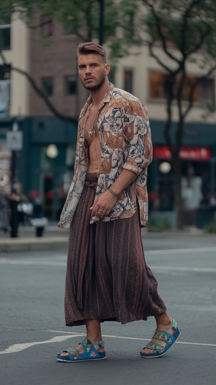 A man wearing colorful sandals with casual bohemian attire.