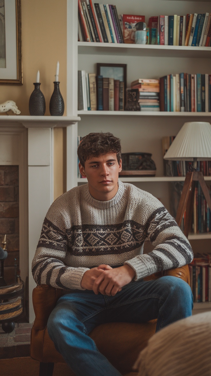 Teenage guy wearing a knit sweater, sitting casually in a cozy room.