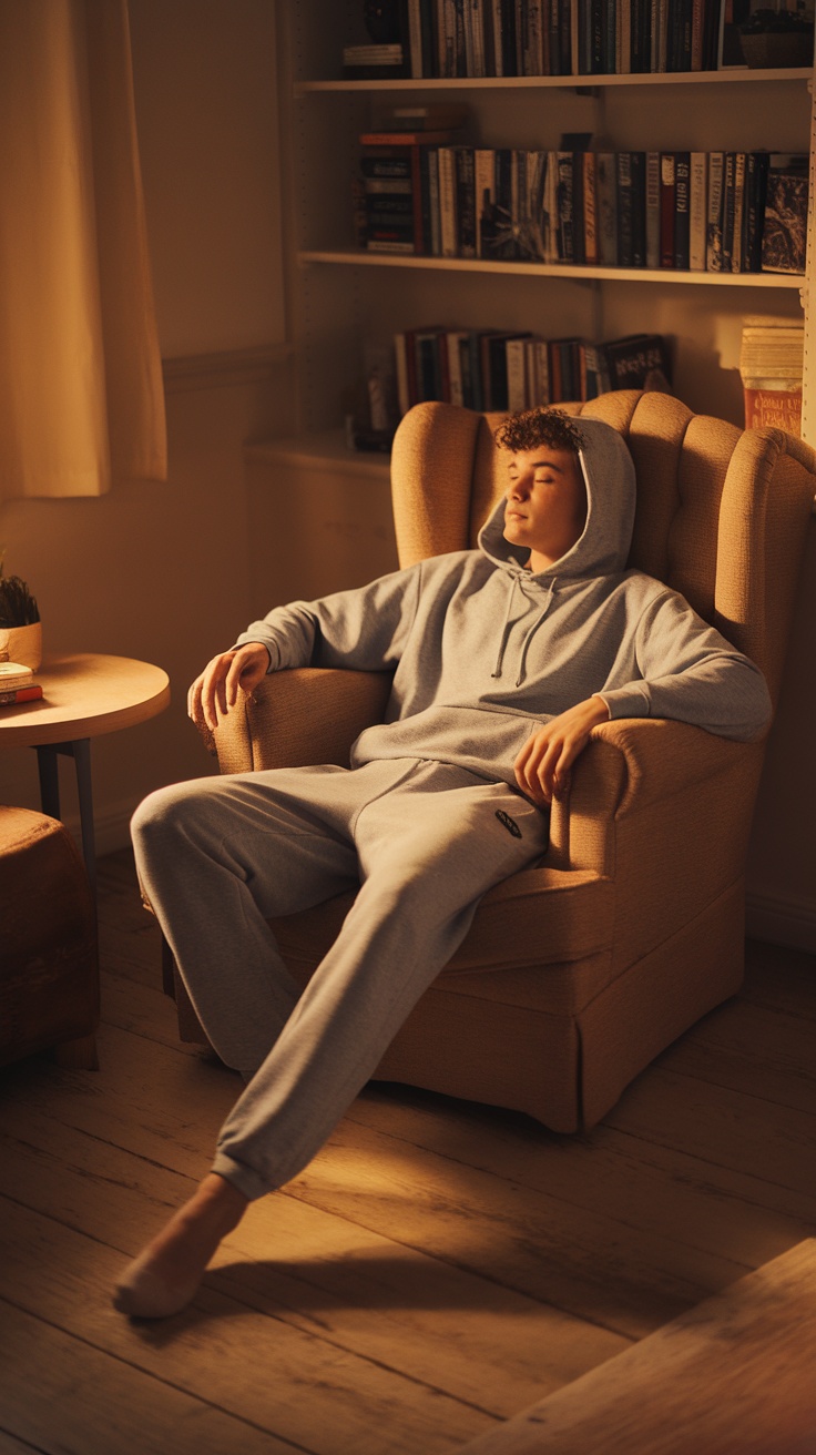 Teenage boy in relaxed sweatpants and hoodie, lounging in a cozy chair.