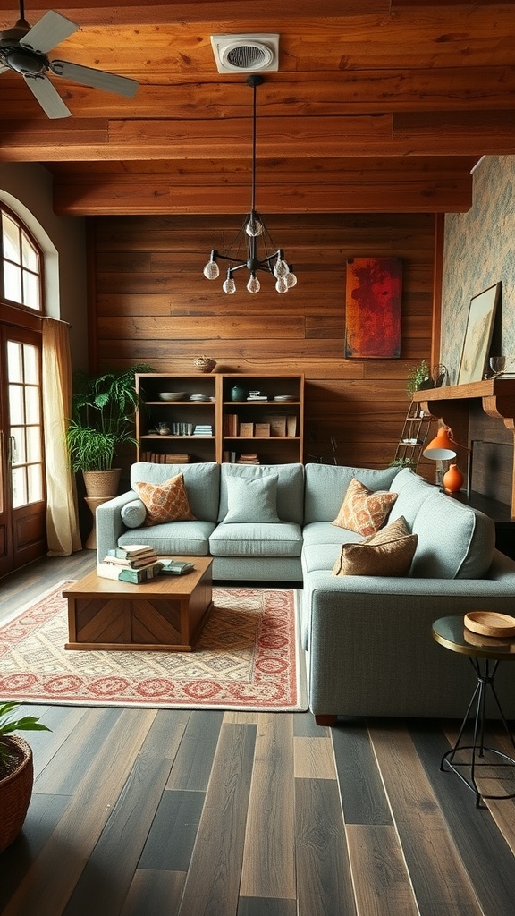 A rustic living room featuring a comfortable sectional sofa with decorative pillows