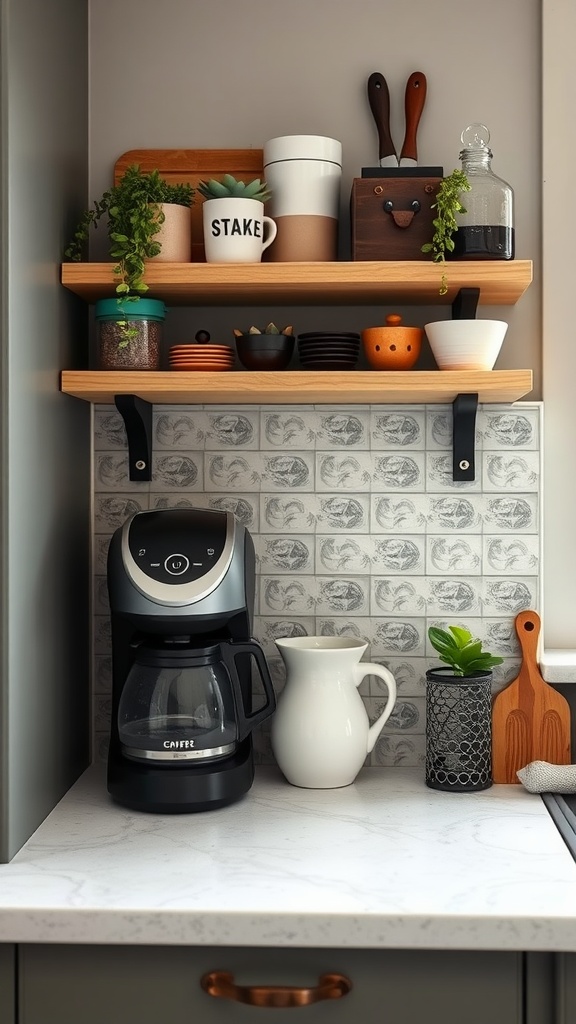 A small coffee station featuring a coffee maker, mugs, and decorative plants on shelves.