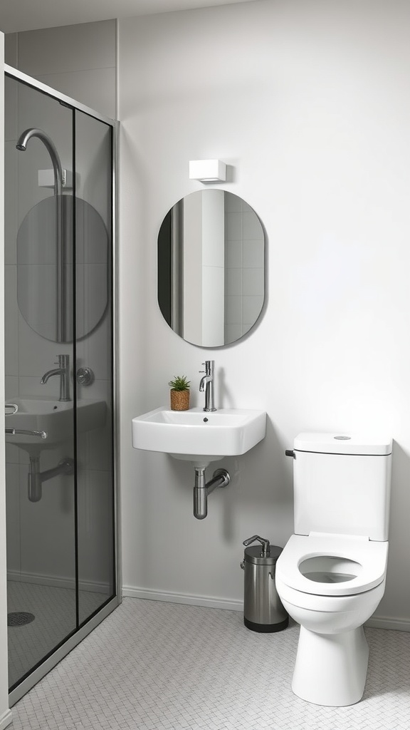 A modern, compact bathroom featuring a wall-mounted sink, a streamlined toilet, and a glass shower enclosure.