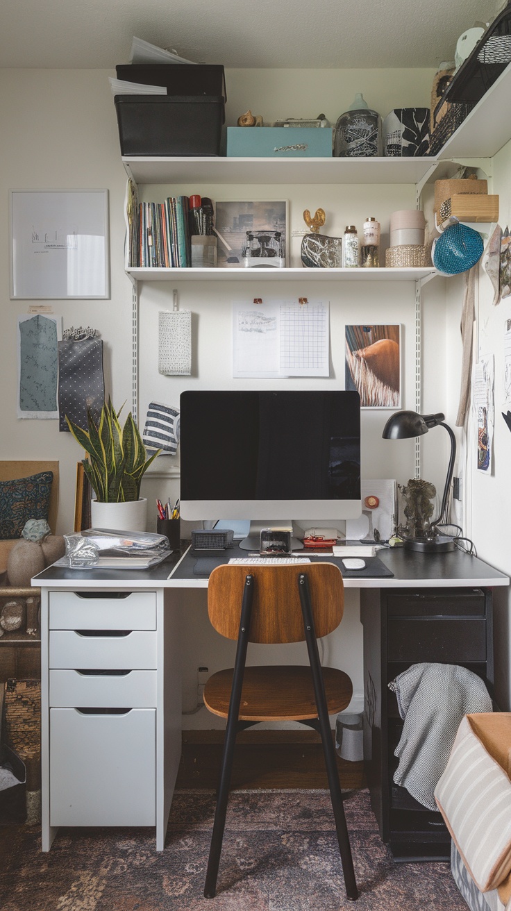 Cozy compact home office setup with a desk, plants, and personal touches.