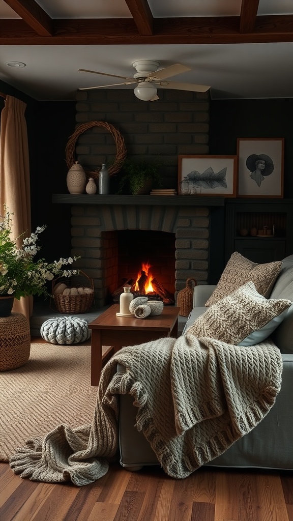 Cozy living room with knitted textures, featuring a fireplace and comfortable seating.